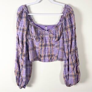 Free People Womens Madras Top Plaid Cropped Size Large Y2K Coquette Milkmaid